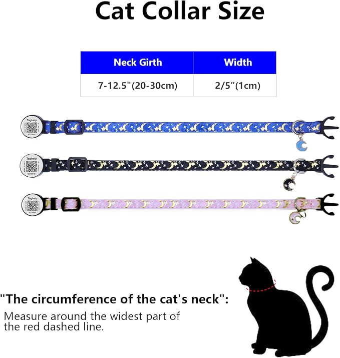 2 Pack Stars and Moon, Solid & Safe Safety Plaid Kitten Collars with QR ID Tag for Girl Boy for Cats, Pet Collar, Breakaway Cat Collar,Silent, Lightweight,Durable QR Code Pet ID Tags (Black&Blue)