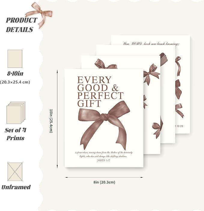 LARTSFRO Coquette Brown Bow Wall Art Decor Posters, Chocolate Brown Bow Room Bedroom Bathroom Dorm Wall Art Decor Aesthetic for College Teen Girls Gifts, Inspirational Bible Verses Bow Wall Decor, 10x8 Inch Set of 4 Pcs Bow Pictures (UNFRAMED)