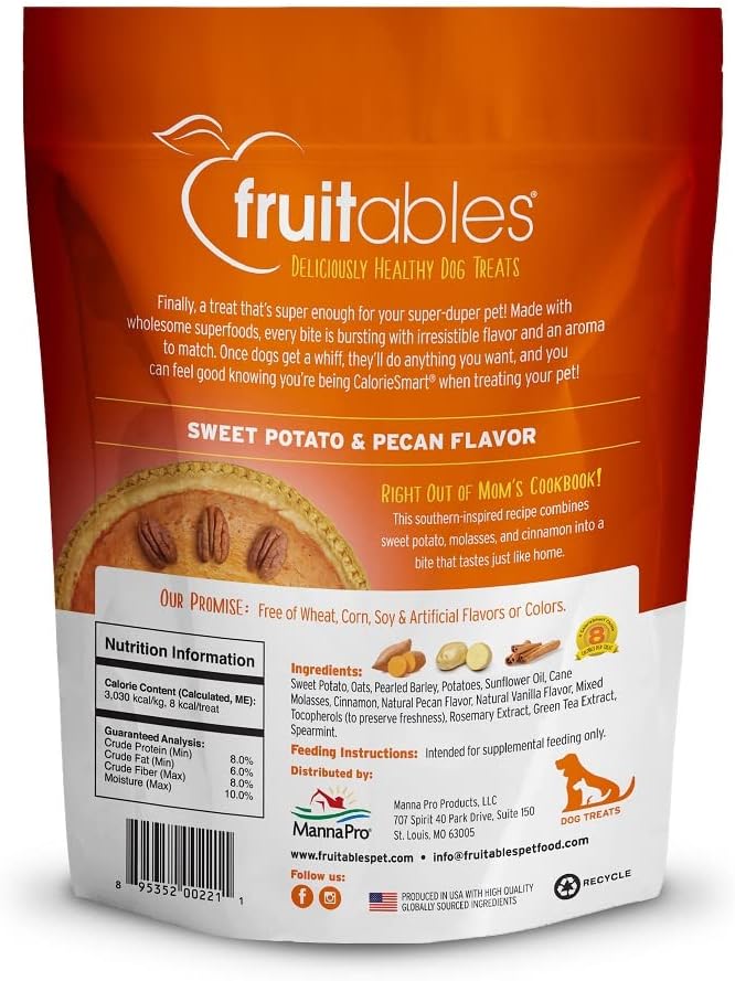Fruitables Baked Dog Treats, Healthy Pumpkin Treat for Dogs, Low Calorie & Delicious, Free of Wheat, Corn and Soy, Made in the USA, Sweet Potato and Pecan Flavor, 7oz (Pack of 2)
