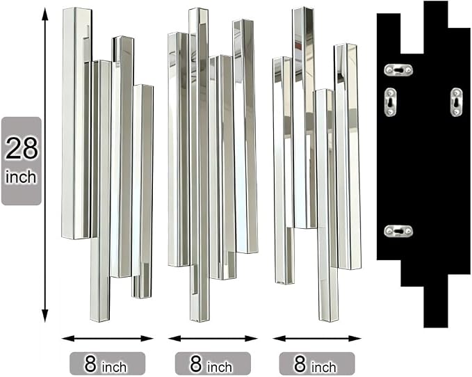 Modern 3 Pack 28x8 Staggered 3D Silver Mirror Wall Set Mirror Decor | Premium silver mirror with bevels. 4 sturdy hooks for V/H mount. Perfect for modern living, entryway & dining home decoration
