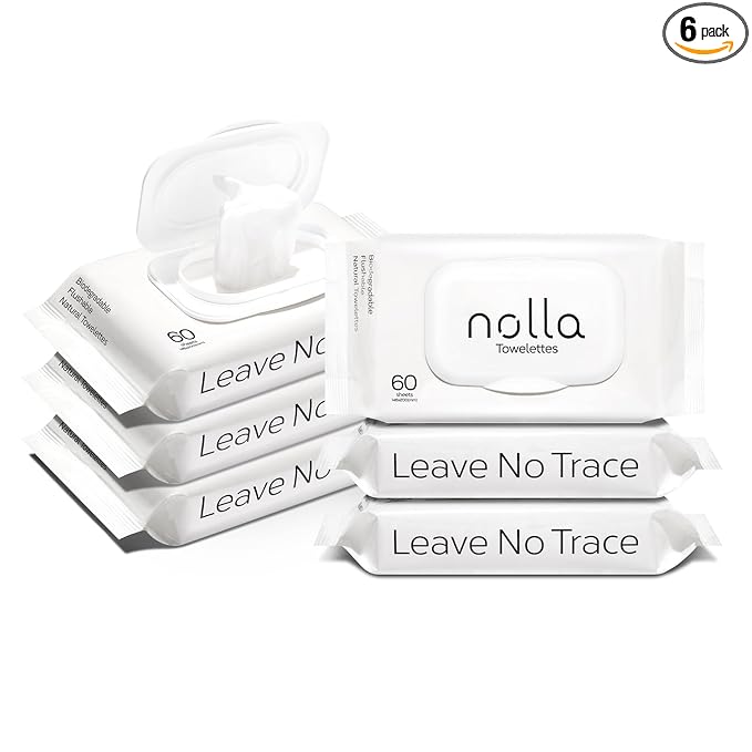 Nolla Flushable Wipes, 100% Plant-Based, Plastic-Free and Biodegradable - For Adults and Kids - Unscented + Soothing Aloe and Vitamin E 360 Count (6 Packs of 60)