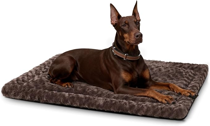 Exsnugy Washable Dog Bed Mat Large Size Fluffy Pet Crate Pad 48x30 XXL | Non-Slip Bottom Kennel Beds Ultra Soft Comfy Sleeping Mattress for Large Medium Small Dogs Brown