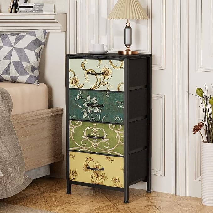4 Drawer Dresser, Vintage Nightstand, Fabric Chest of Drawers | Vertical Dresser for Bedroom, Storage Tower Units with Fabric Drawers, Small Dressers for Closet, Retro Style, Wooden Top