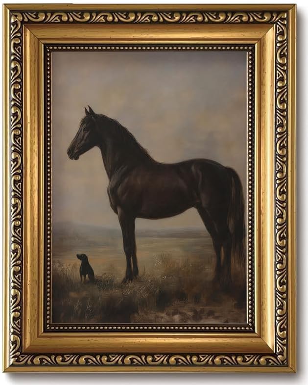 Vintage Equestrian Gold Framed Wall Art Black Horse Gundog Wall Decor Art | Antique Victorian Animal Picture Canvas Art Western Country Paintings Small Framed Prints Artwork for Bookshelf Gallery Wall