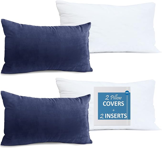 Throw Pillow Inserts Pack of 2 with Velvet Soft Solid Decorative Square Throw Pillow Covers Set for Sofa Couch Car Bedroom, 12X20 Throw Pillows Inserts with 12x18 Washable Cushion Covers, Royal Blue