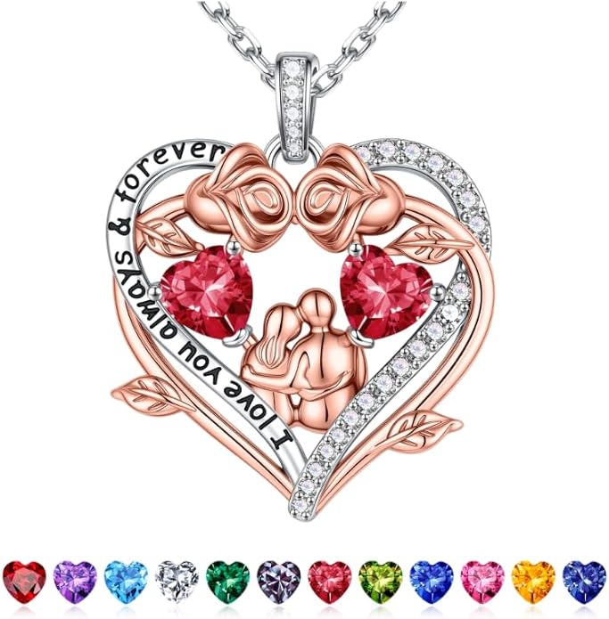 Iefil Valentines Gifts for Her Wife - 925 Sterling Silver Double Heart Birthstone Necklace, Anniversary Birthday Gifts for Women Wife Girlfriend