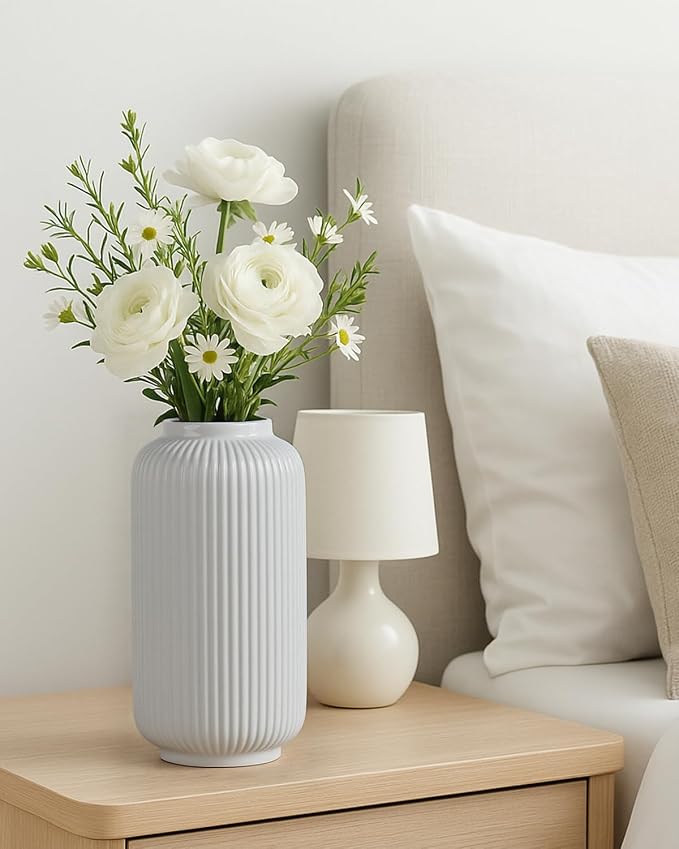 White Ceramic Vase, 8 Inch Ribbed Flower Vase for Bouquet and Pampas Grass, Modern Wide Mouth Decorative Vase for Dining Table, Kitchen Shelf, Wedding Centerpiece