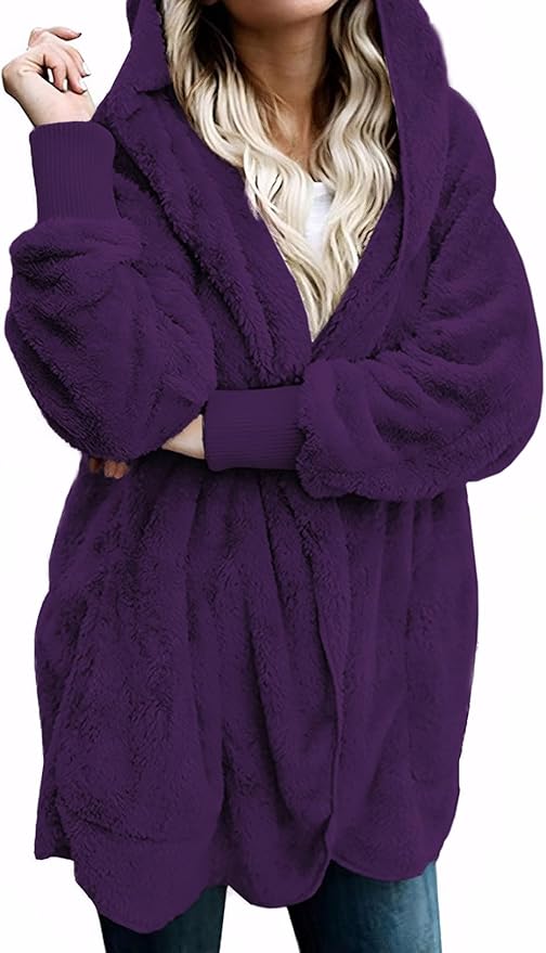 Zilcremo Women Hooded Cardigan Fuzzy Jacket Winter Open Front Fleece Coat Outwear with Pockets