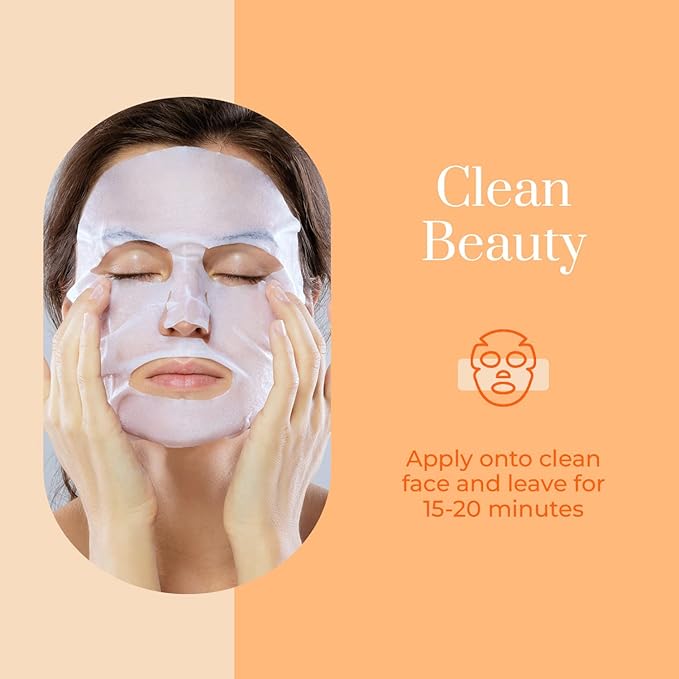 Clear Beauty Vitamin C & Collagen Face Mask - Dermatologist Tested - Diminishes Fine Lines & Wrinkles, Anti-Aging, Natural Ingredients, Cruelty-Free Korean Skin Care - All Skin Types