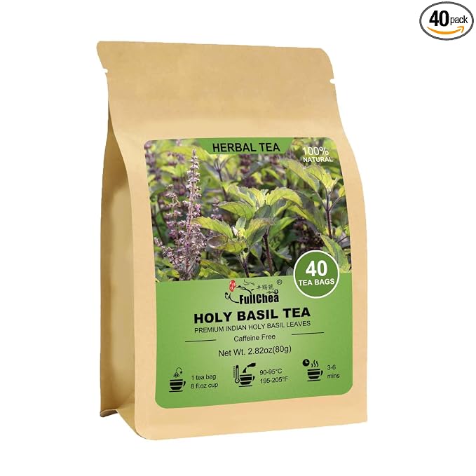 FullChea - Holy Basil Tea Bags, 40 Count, Dried Holy Basil Leaves | 100% pure tulsi holy basil tea, rich in plant antioxidants, Non-GMO caffeine-free, easy to brew hot or iced daily