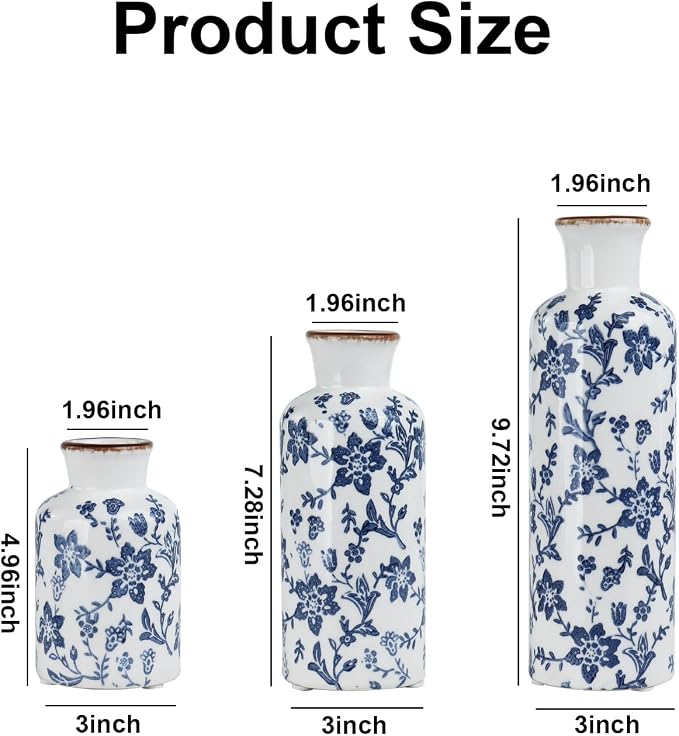 Blue and White Ceramic Vase Set of 3, Vintage Floral Vases for Home Decor | Crackle glaze and distressed rims for living room, mantel and table centerpieces
