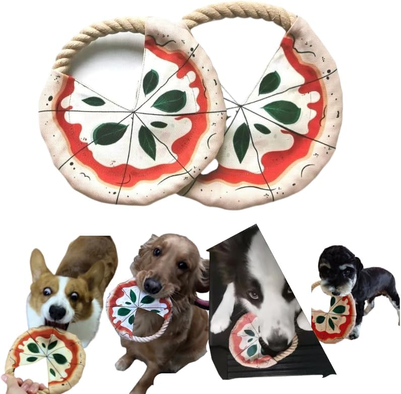 Dog Frisbee 2 Pack Pizza Pattern with Rope - Cotton Knot Oxford Fabric Flying Disc for Small Medium Dogs Indoor Outdoor Fetch Tug Toy