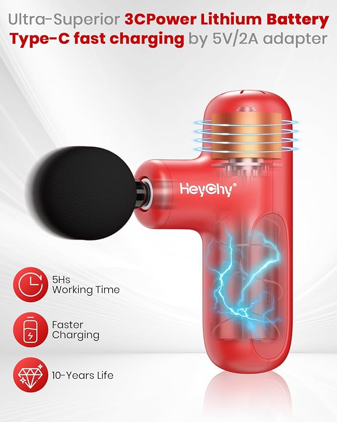 Super Mini Massage Gun Deep Tissue, Handheld Muscle Massager with 4 Heads, Percussion Travel Size Massager Gun for Back Pain Relief, Quiet for Home, Gym, Office, Gift for Men & Women, Red