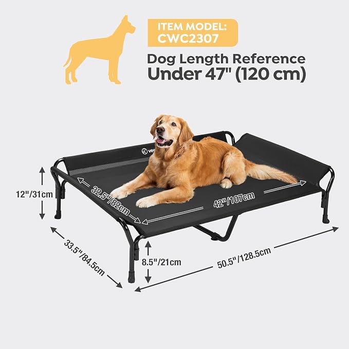 Veehoo Cooling Elevated Dog Bed, XL Raised Pet Cot with Guardrail & Slope Headrest, Durable Breathable Teslin Mesh, Non-Slip Feet, Washable Dog Couch Bed for Indoor & Outdoor, 50.5" x 33.5, Black | Washable Dog Couch Bed for Indoor & Outdoor, Durable B...