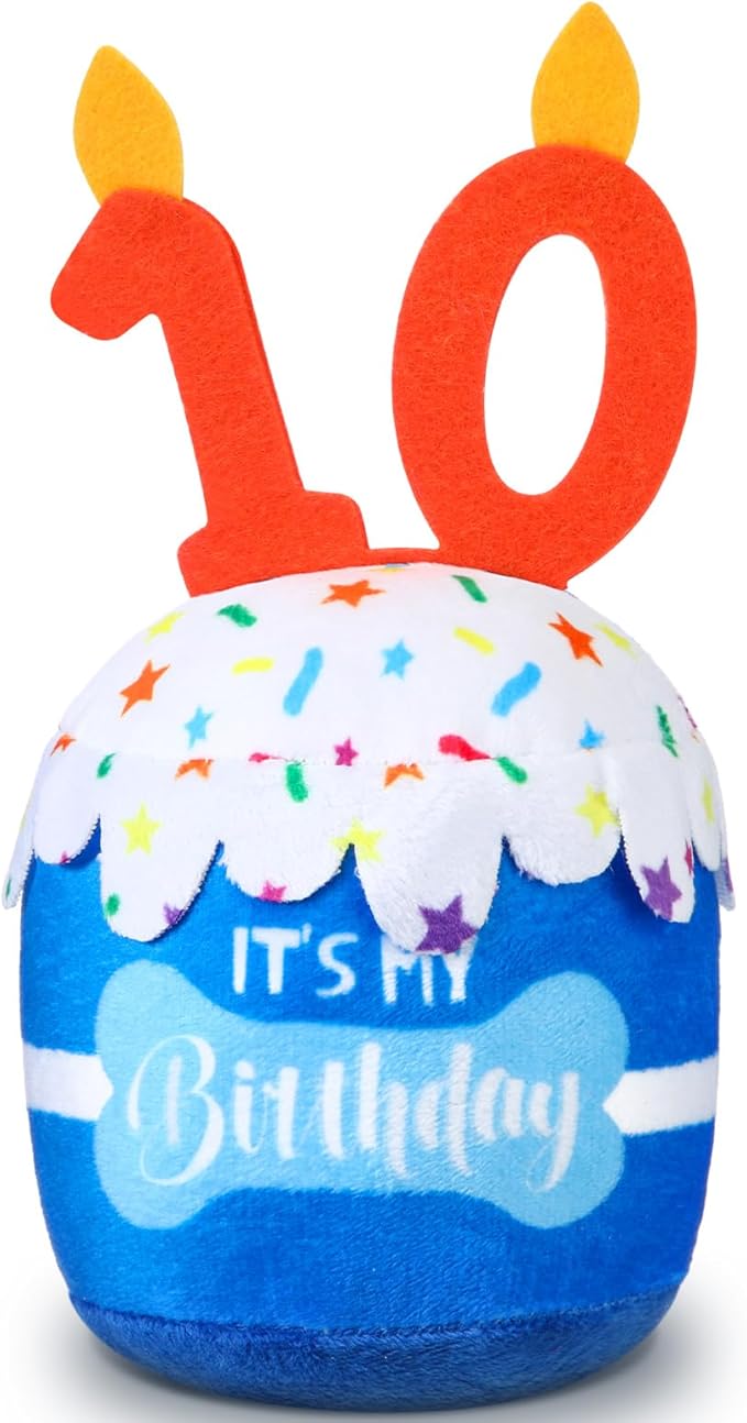 Dansydaisy Dog Birthday Cake Toy Squeaky Plush Gift,10th,Blue