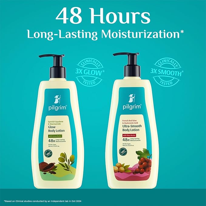 Pilgrim Glow Body Lotion with Spanish Squalane & Niacinamide | Lightweight Daily Moisturizer for Dry, Dull Skin | Long-Lasting Hydration & Smooth Feel | 13.53 Fl Oz (400ml)