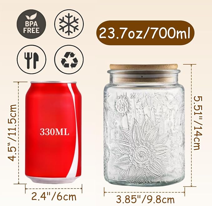2 Pack Vintage Glass Jars, 23.7 FL OZ Candy Jars with Lids | Coffee Canisters, Sugar Containers, Kitchen Canisters for Coffee Tea Sugar Candy Cookies, Decorative Mason Jars