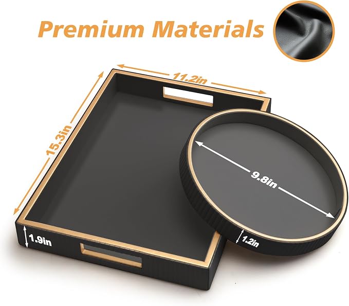 Leather Tray Desktop Storage Organizer, Decorative Tray Set, Black | Premium Serving Trays Valet Tray for Sundries Cosmetics Phone Wallet Cutlery, Set of 2, Black Holder with Disc