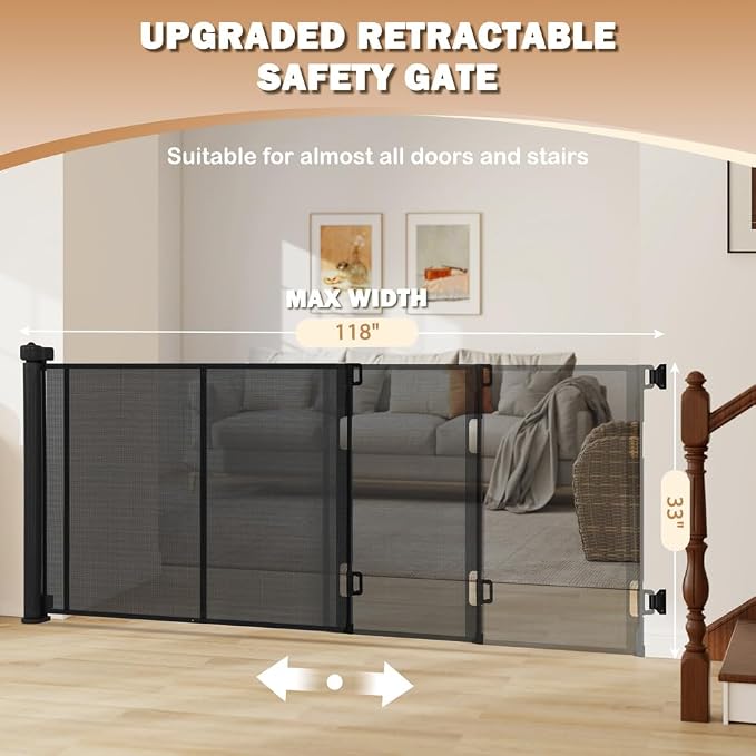 SMONTER Extra Wide Retractable Dog Gates, Mesh Baby Gate with Support Rods Extend to 118" Wide 33" Tall, Portable Safety Retractable Gate for Stairs, Indoor/Outdoor, Black