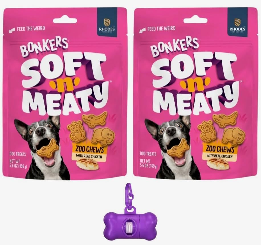 Bonkers Soft & Meaty Chicken Flavor Biscuit Zoo Animal Shaped Treats for Dogs 5.6 oz Bag (Pack of 2) with Bone Waste Bag Dispenser & Free Roll