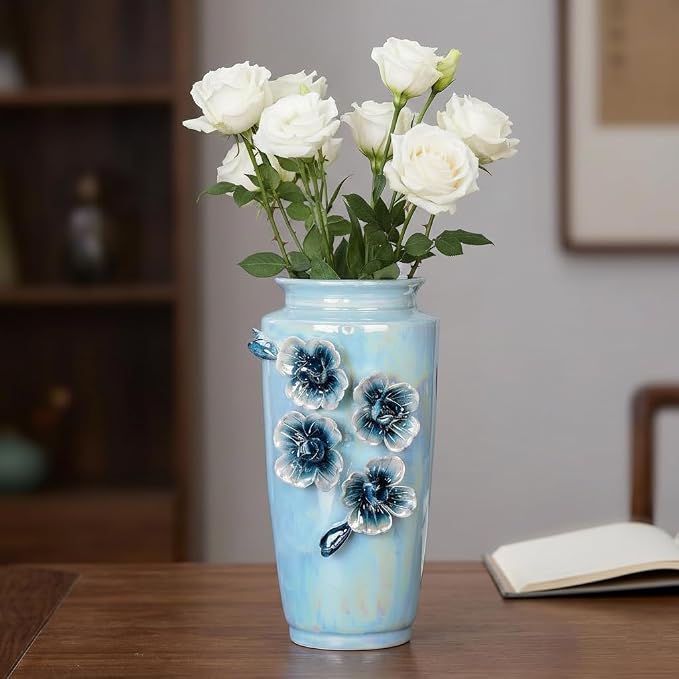 Blue Ceramic Vase 9 Inch - Modern Decorative Flower Vase for Centerpiece, Kitchen Table Living Room Home Decor