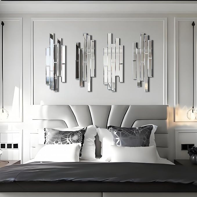 Artisan Set of 4 Silver Beveled Wall Decor Mirrors - 24x8 Inch Each, Creative Combination Design for Modern & Farmhouse Home Decor, Shatter-Resistant Glass with Wood Backing