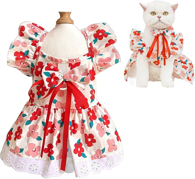 ANIAC Floral Dog Dress with D-Ring - Cat Dress & Puppy Clothes for Small Dogs & Cats (Medium, Floral)