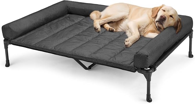 Veehoo Outdoor Elevated Dog Bed with Waterproof Bolster Cushion, Cooling | Raised Dog Bed with Removable & Washable Mat Topper, Breathable Mesh, Dog Couch Cot for Indoor Outdoor, 49", Large, Black