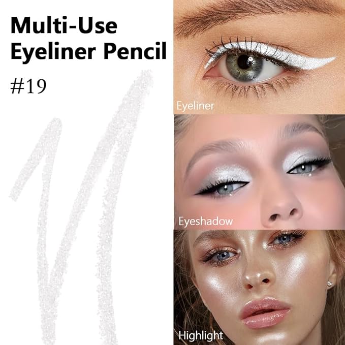 evpct Pearl White Glitter Eyeliner Pencil for Eyes, Pearl White Metallic Shimmer Eye Liner Pencil Makeup Waterproof Smudge Proof, Colored Gel Waterline Eyeliner, Face Eye Paint Stick Halloween Makeup