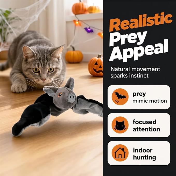 Flying Bat Dog Toy, Flapping Wings Interactive Chirping Pet Teaser, Remote Control Rechargeable Halloween Bat Toy with Catnip Filling, Electric Simulation Flying Motion Toy for Cats Dogs，1pc