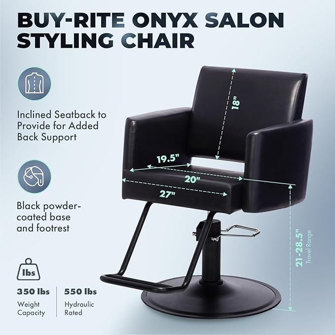 Buy-Rite Onyx Modern Black Hair Stylist Chair for Professional Salons, Open Back, Inclined Seat, Rounded Arms, Premium Vinyl Upholstery, Durable Steel Frame & Footrest, NIN-6610