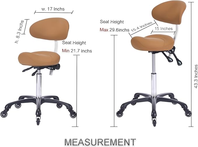 Ergonomic Rolling Saddle Stool with Back Support Professional Height Adjustable Swivel Chair for Drafting Salon Hair Massage Spa, in Camel