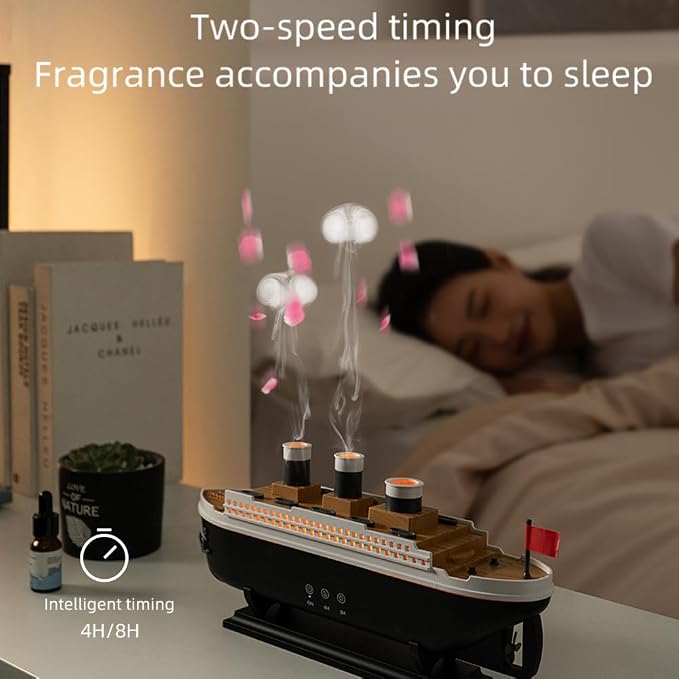 Essential Oil Diffuser, 250ml Ship Modelling Aromatherapy Ship Oil Diffuser Cool Mist Humidifier with Remote Control, Remote 2 Spray Mode Auto Shut-Off, 7 Color LED Light for Home Office(Black)
