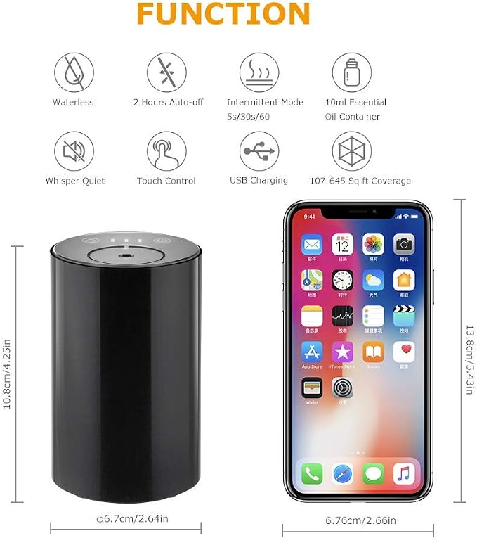 Waterless Essential Oil Diffuser, 48Hr Battery Nebulizing Aromatherapy Diffuser Portable Rechargeable with 3 Intensity Levels, USB-C for Car Home Office Yoga Travel, 1000 Sq Ft (White)