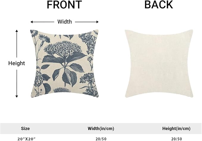 Floral Pillow Covers 20x20 Set of 2 Vintage Blue Hydrangea Herbs Botanical Throw Pillow Cover Outdoor Decoration Boho Flower Pillowcase Farmhouse Decorative Linen Cushion Case for Home Couch