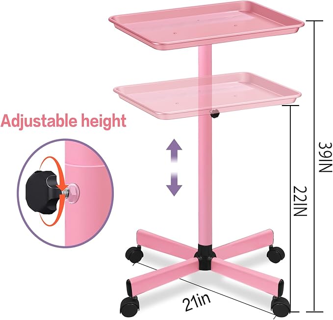 Salon Tray,Height Adjustable Tray on Wheels Hair Color Tray with Wheels Pink