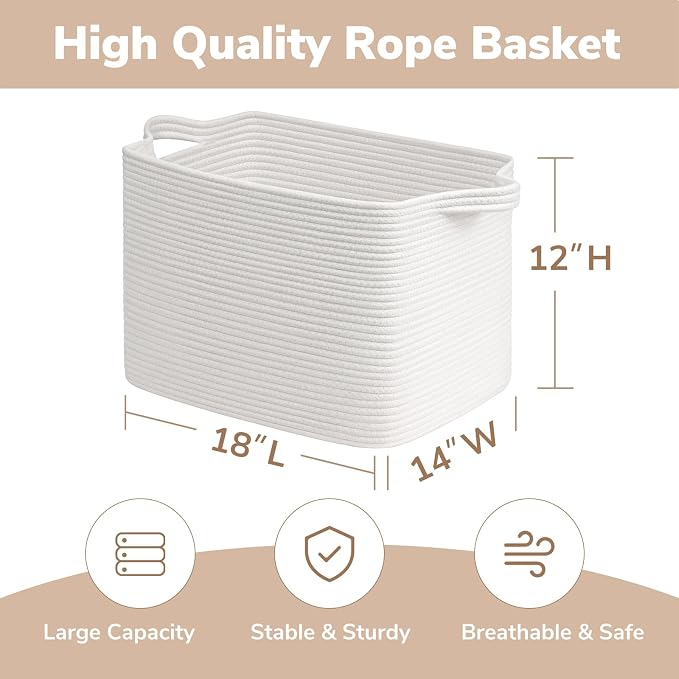 Goodpick 50L Large Woven Storage Basket, 18" x 14" x 12", White | Stylish Gift Basket for Home Decor, Cotton Rope Baskets for Blankets & Toys Storage, Living Room & Bedroom Organization