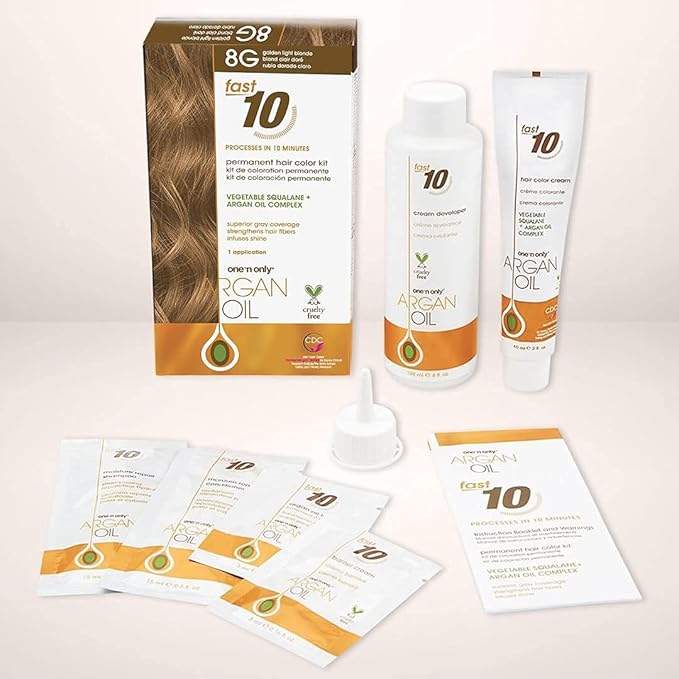 One 'N Only Fast 10 Permanent Hair Color Kit - Hair Dye for Women with Argan Oil to Maintain Moisture Balance - Advanced Micro-Pigments for Natural Tones (8G Golden Light Blonde)