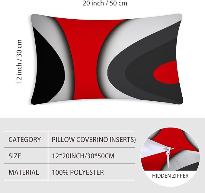 Modern Art Geometric Pillow Cover, Decorative Throw Pillow Covers Black Red Abstract Artwork Cushion Cover for Bedroom Sofa Living Room 12 x 20 Inch Set of 2