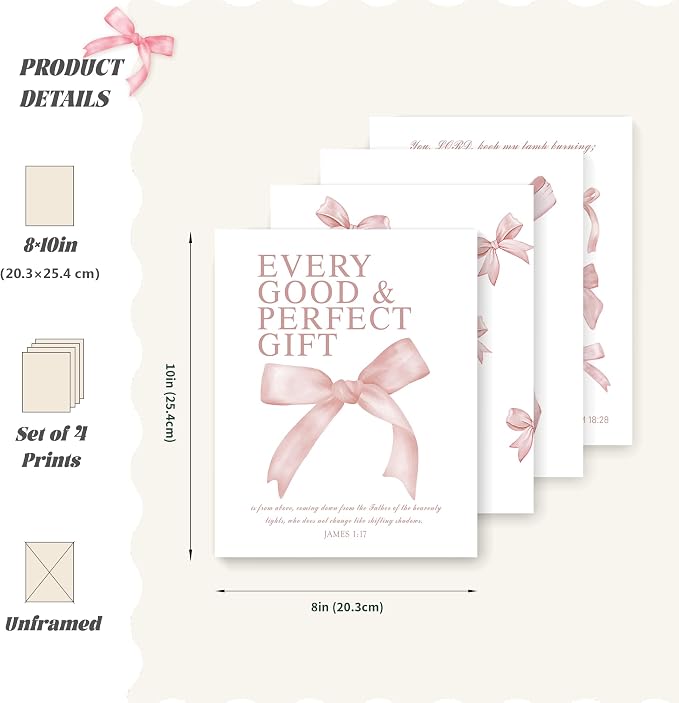 LARTSFRO Coquette Pink Bow Wall Art Decor Posters, Blush Pink Bow Room Bedroom Bathroom Dorm Wall Art Decor Aesthetic for College Teen Girls Gifts, Inspirational Bible Verses Bow Wall Decor, 10x8 Inch Set of 4 Pcs Bow Pictures (UNFRAMED)