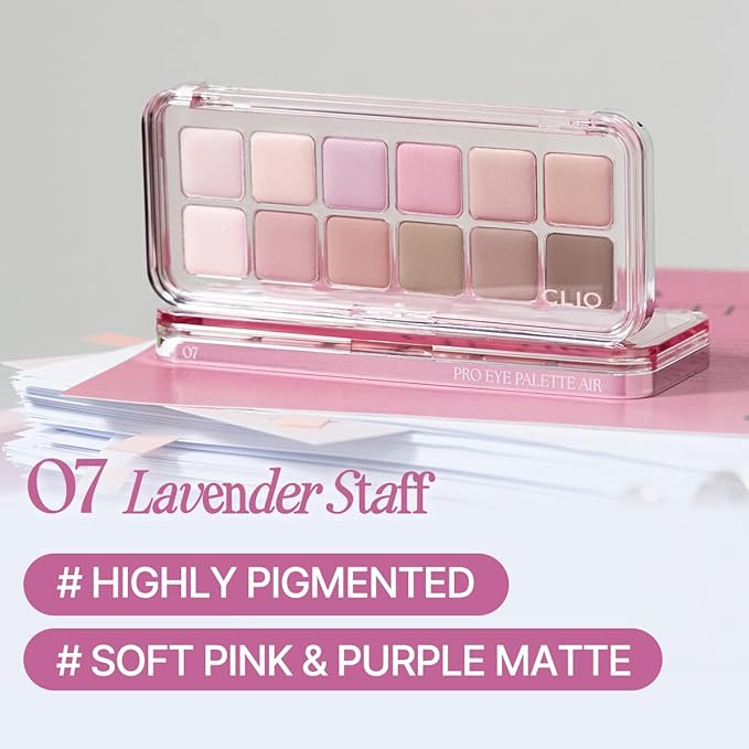 CLIO Pro Eye Palette Air, 12-Color Eye Shadow Palette, Matte Shimmer Mix, Air-Fit Blendable Pigmented Buildable Color, Low Fallout, Cool Mauve Neutral Tone, Daily Korean Makeup (07 LAVENDER STAFF)