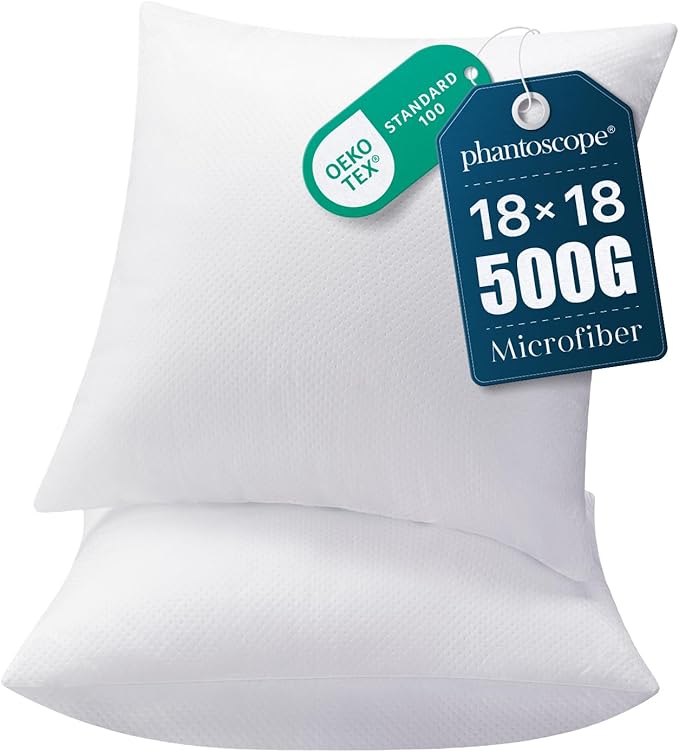 Phantoscope 18x18 Pillow Inserts, Throw Pillow Inserts for Couch, Pack of 2 | 100% Virgin Fiber Hypoallergenic Pillow Form, Soft Throw Pillow Inserts, Lightweight Throw Pillows for Couch Bed Pillows