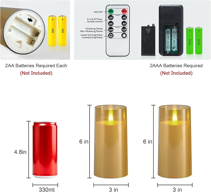 Raycare Flameless Electronic Pillar Candles with Remote Control and Timer- Battery Operated Realistic Flickering LED Fake Candle for Home, Wedding, Valentine's Day Decor, Gold,Set of 2(3"x6"6")