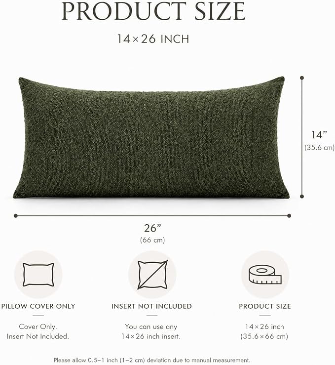 JoraLion 14x26 inch Boucle Lumbar Pillow Cover, Army Green Woven Texture Neutral Long Pillow Cover Breathable Cushion Case for Couch Sofa Bed Living Room Home Decor (Cover Only)