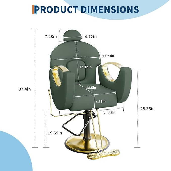 Barber Salon Chair, Reclining Salon Chair with Heavy Duty Hydraulic Pump, 360° Swivel and Height Adjustable, 330 LBS Capacity Spa Beauty Equipment Hairdresser Armchair for Barbershop- Green & Gold