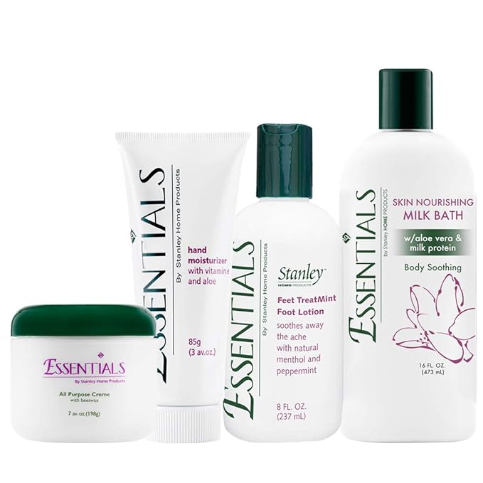 Stanley Home Products Essentials Skin Care Kit - Complete Skincare Set with All-Purpose Cream, Nourishing Milk Bath, Feet TreatMint Foot Lotion and Hand Moisturizer Cream - For Spa & Home