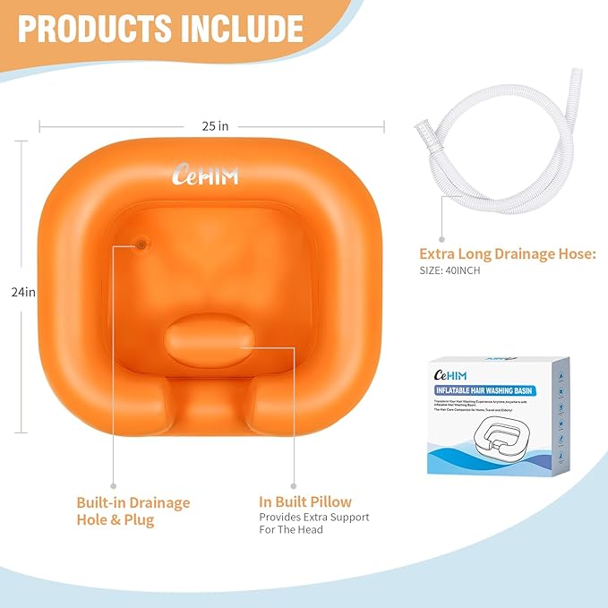 Inflatable Shampoo Basin - Portable Shampoo Bowl, Hair Washing Basin for Bedridden, Disabled,Injured, Hair Wash Tub for Dreadlocks and at Home Sink Washing (Orange)