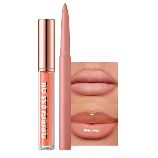 Nude Lip Liner Lip Gloss Set, Pluming Lip Kit with Lip Oil Lip Liner Pencil, Waterproof Long Lasting Lipgloss Lip Pencil, Highly Pigmented Smudge proof lip liner Stain Lipliner (04# Nude)