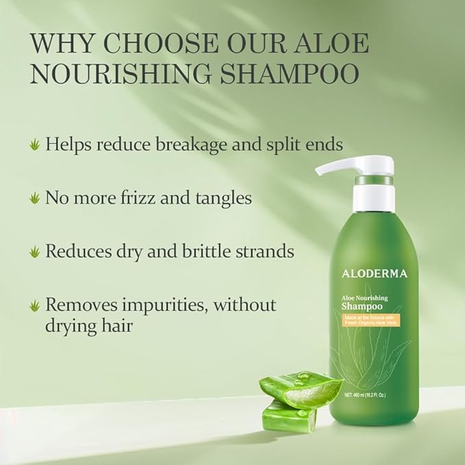 Aloderma Aloe Nourishing Shampoo 16oz - Made with Fresh, Organic Aloe Vera (No Water Added) for Dry, Damaged Hair - Gently Cleanse and Moisturize for Soft, Healthy, Shiny Hair - Alcohol, Paraben-Free