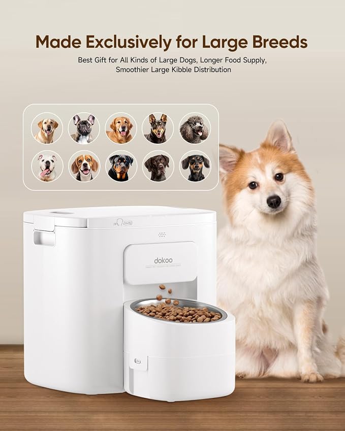 Dokoo Automatic Dog Feeder for Large Breeds, 15L/63 Cups Vacuum-Sealed | Airtight Auto Pet Feeder for Dry Food, Timed Feeding, Anti-Clog Dispenser 2-22mm Kibble, Voice Recorder, Stainless Steel Bowl